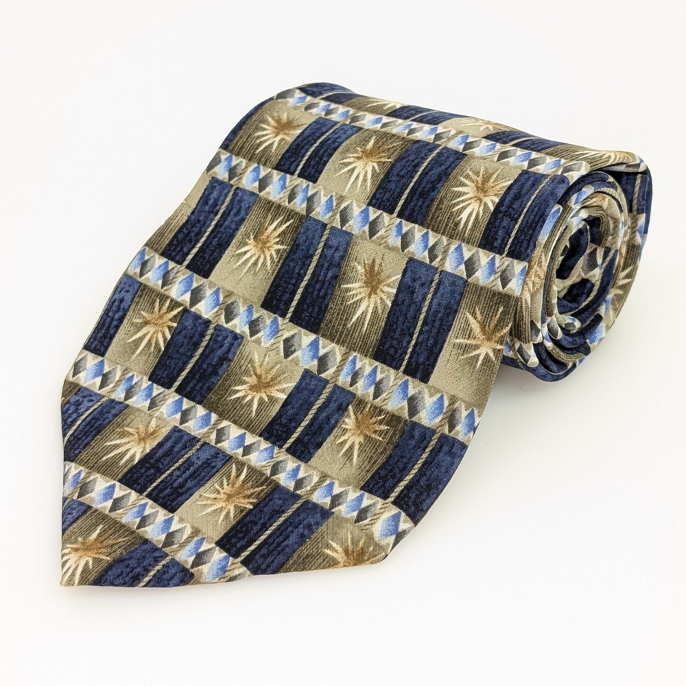 Vtg Jimmy V Jamal Anderson Starburst 100% Silk Neck Tie 3.75 x 56 Blue Geometric